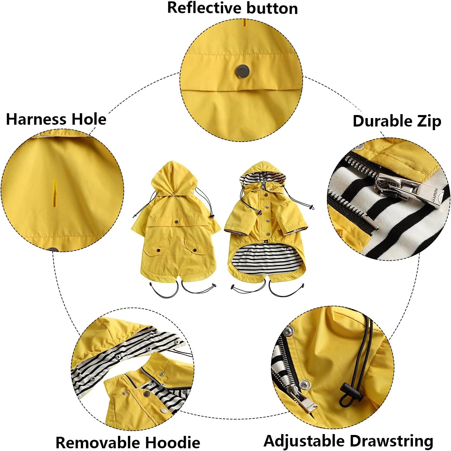 MOREZI Imperméable pour Chien, avec Boutons et Fermetures éclair réfléchissants, imperméable/Pluie, Cordon de Serrage réglable, Capuche Amovible-Jaune – Image 4