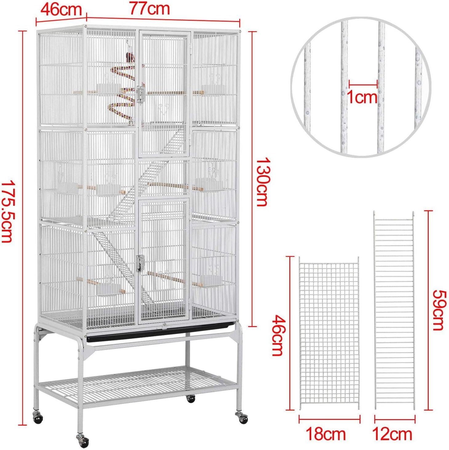 Yaheetech Cage Oiseaux Cage Perroquet Volière Oiseaux Intérieur pour Perruche Calopsitte Conure Canaris avec Pied sur Roulette 77x 46x175,5cm Blanc – Image 5