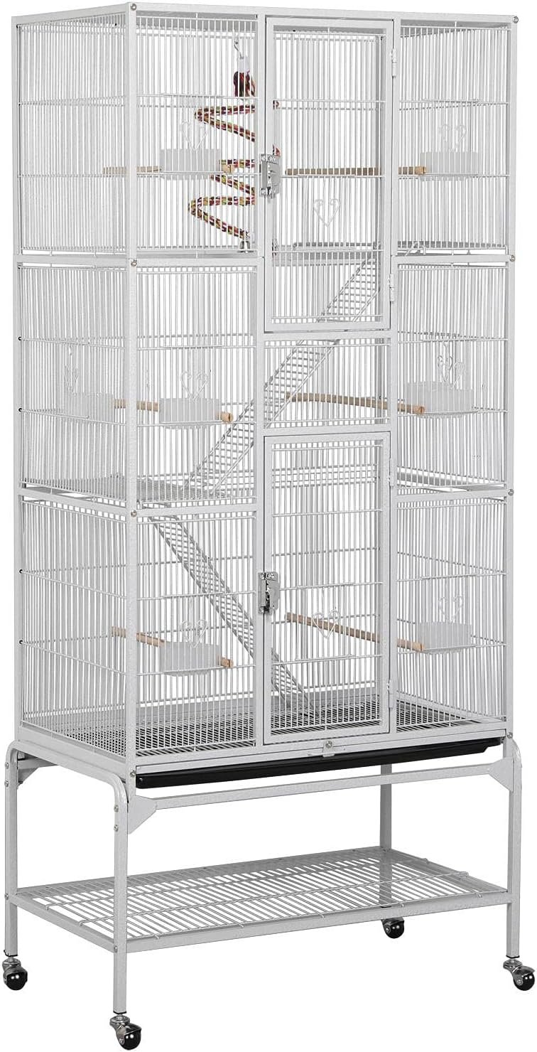 Yaheetech Cage Oiseaux Cage Perroquet Volière Oiseaux Intérieur pour Perruche Calopsitte Conure Canaris avec Pied sur Roulette 77x 46x175,5cm Blanc