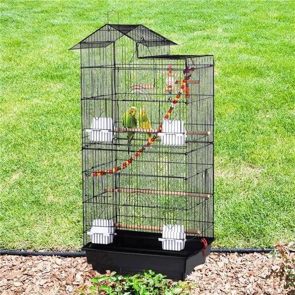 Yaheetech Cage à Oiseaux avec 3 Jouets Poignée Portable 4 Mangeoires 3 Perchoirs Cage pour Perruche Calopsitte Conure Pinson Canaris 46 x 35,5 x 99 cm – Image 2