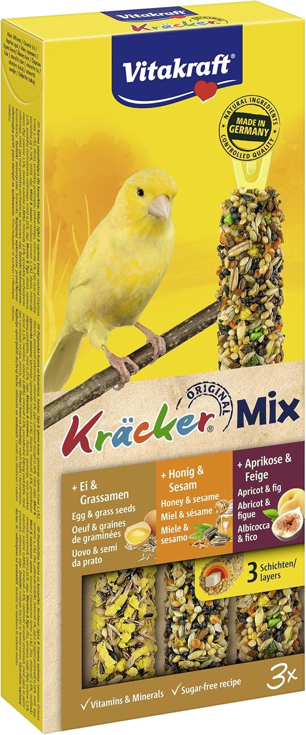 Vitakraft Kräcker Mix, friandises pour oiseaux, bâtonnets à l’œuf, graines d’herbe, abricot, figue, miel et sésame, soin du bec, sans sucre ajouté (1x 80g)