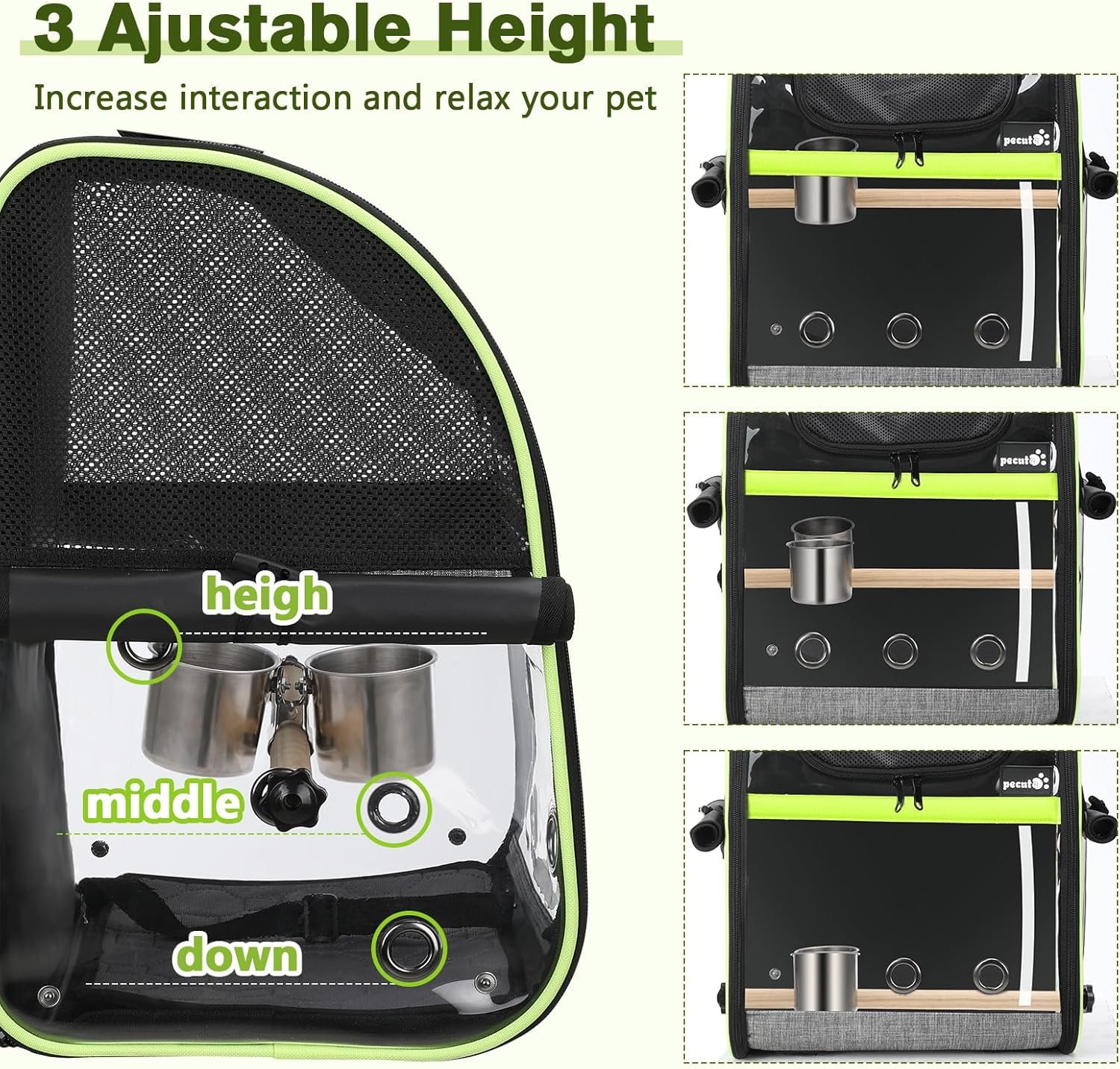 Pecute Sac à Dos de Transport Oiseau avec Rideaux Imperméable Anti-Soleil, Cage Transparente avec 4 Accessoires, pour Perroquet Carani Perruche – Image 4