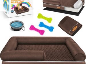 Panier orthopédique pour Chien Relax Taille : L, avec gamelle + 3 os à mâcher pour Chiens de Petite, Moyenne et Grande Taille Housse Amovible et Lavable