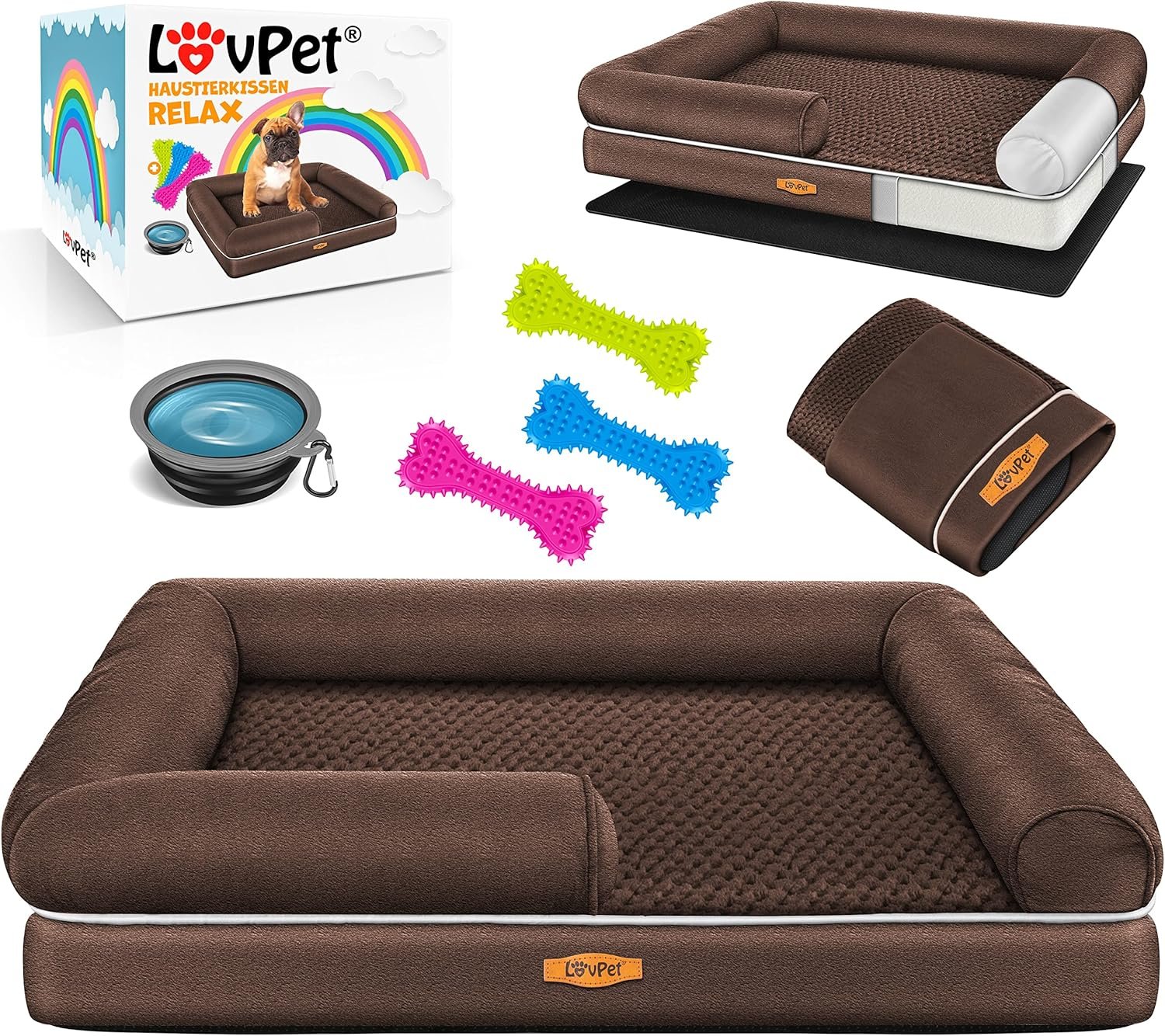 Panier orthopédique pour Chien Relax Taille : L, avec gamelle + 3 os à mâcher pour Chiens de Petite, Moyenne et Grande Taille Housse Amovible et Lavable